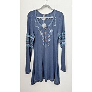 Free People Blue Finley Henley Dress Boho Embroidered Long Sleeve Medium